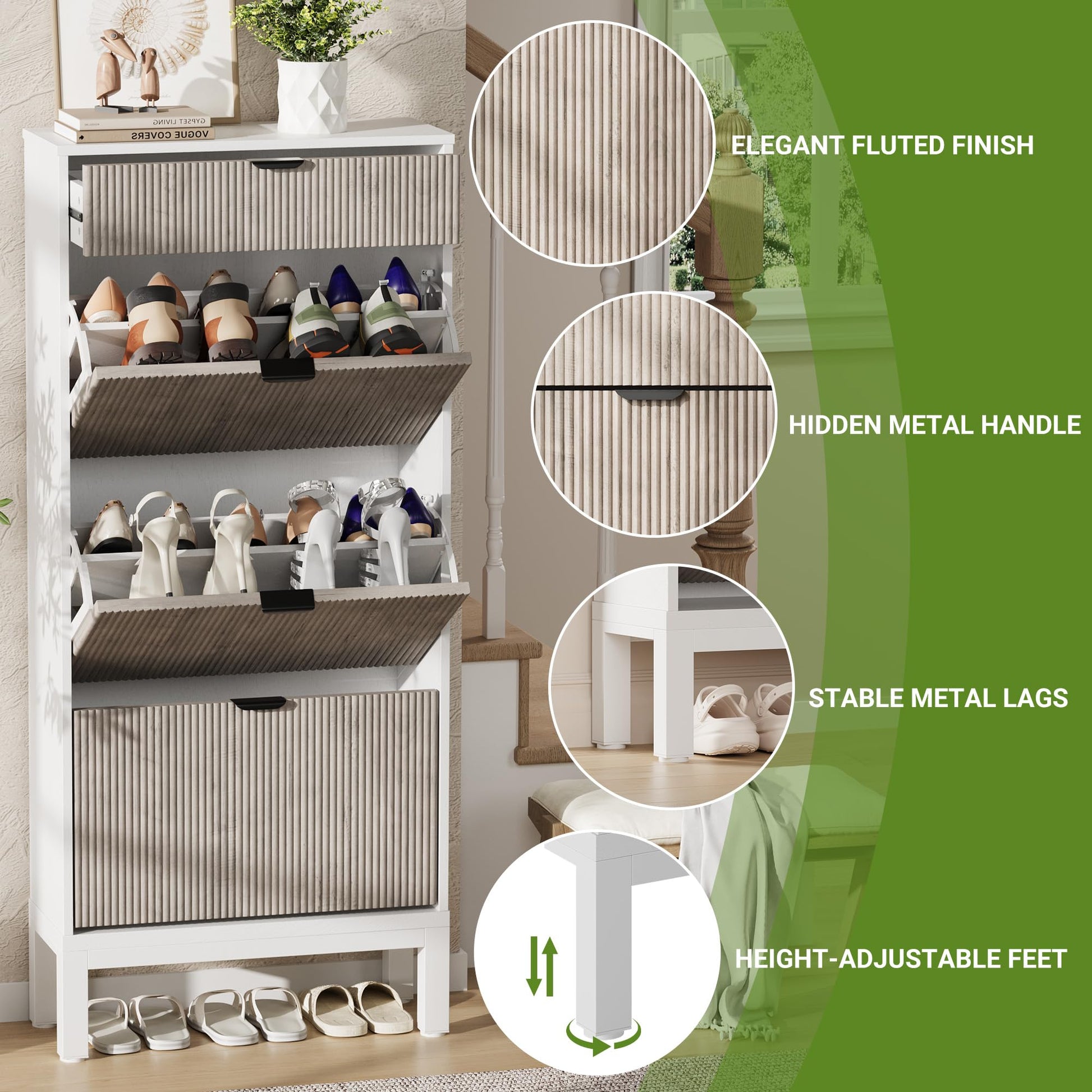 Meuble à chaussures Garvee avec 3 portes à charnières et 1 tiroir, en bois, design moderne, pieds en fer, idéal pour un couloir ou une entrée, fin, marron