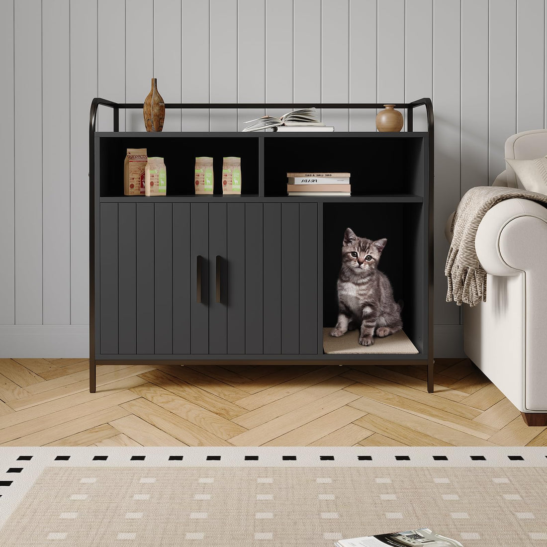 Garvee bac à litière pour chat avec cadre en métal et double étagère, noir moderne, pour salons et petits appartements