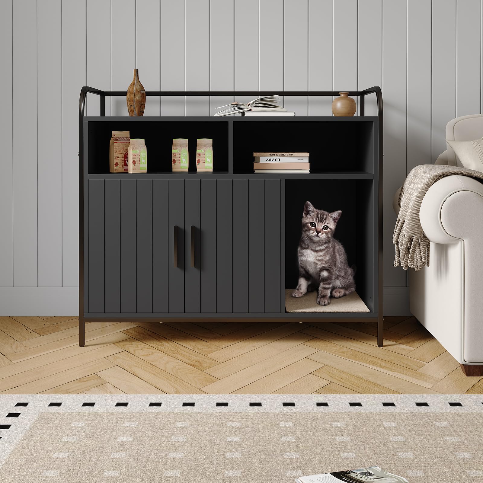 Bac à litière pour chat Garvee avec cadre en métal et double étagère, noir moderne, pour salons et petits appartements