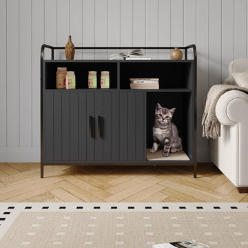 Bac à litière pour chat Garvee avec cadre en métal et double étagère, noir moderne, pour salons et petits appartements