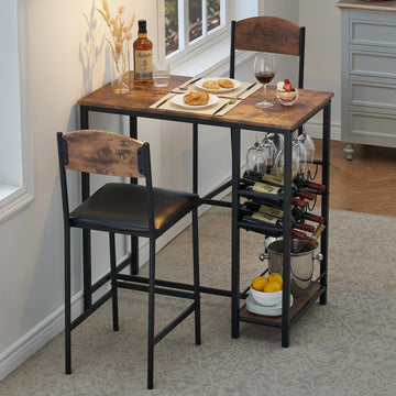 Ensemble table de bar Garvee pour 2 personnes avec repose-pieds, chaises rembourrées, bois et métal robustes, brun rustique, pour cuisines et bars
