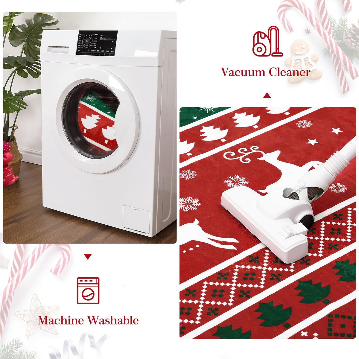 Tapis de Noël bohème Garvee grand format, lavable en machine, motif sapin de Noël et renne, matière douce, antidérapant, 160 x 230 cm, salon et chambre