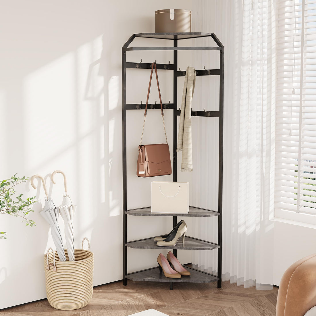 Armoire d'angle Garvee avec banc à chaussures et 12 crochets doubles pour entrée et couloir, en bois, gain de place, robuste et fonctionnelle.