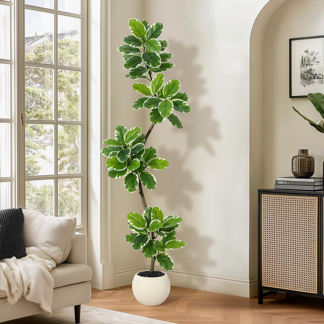 Figuier lyre artificiel Garvee de 1,80 m avec pot boule, décor de mousse, feuilles flexibles pour salon et bureau, entretien facile, vert
