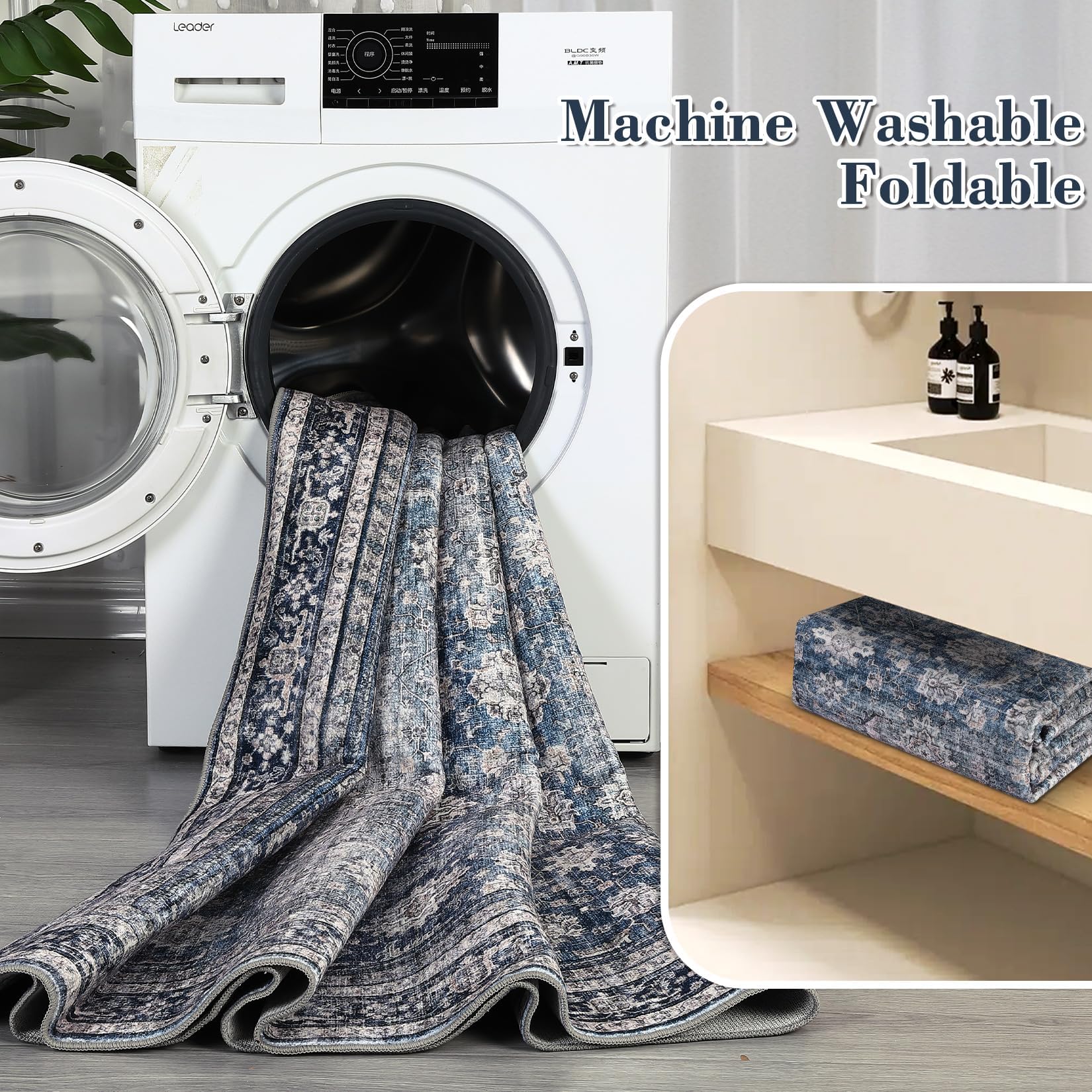 Tapis vintage lavable Garvee, antidérapant, doux et facile d'entretien, idéal pour le salon, la chambre ou la cuisine, 160 x 230 cm, bleu.