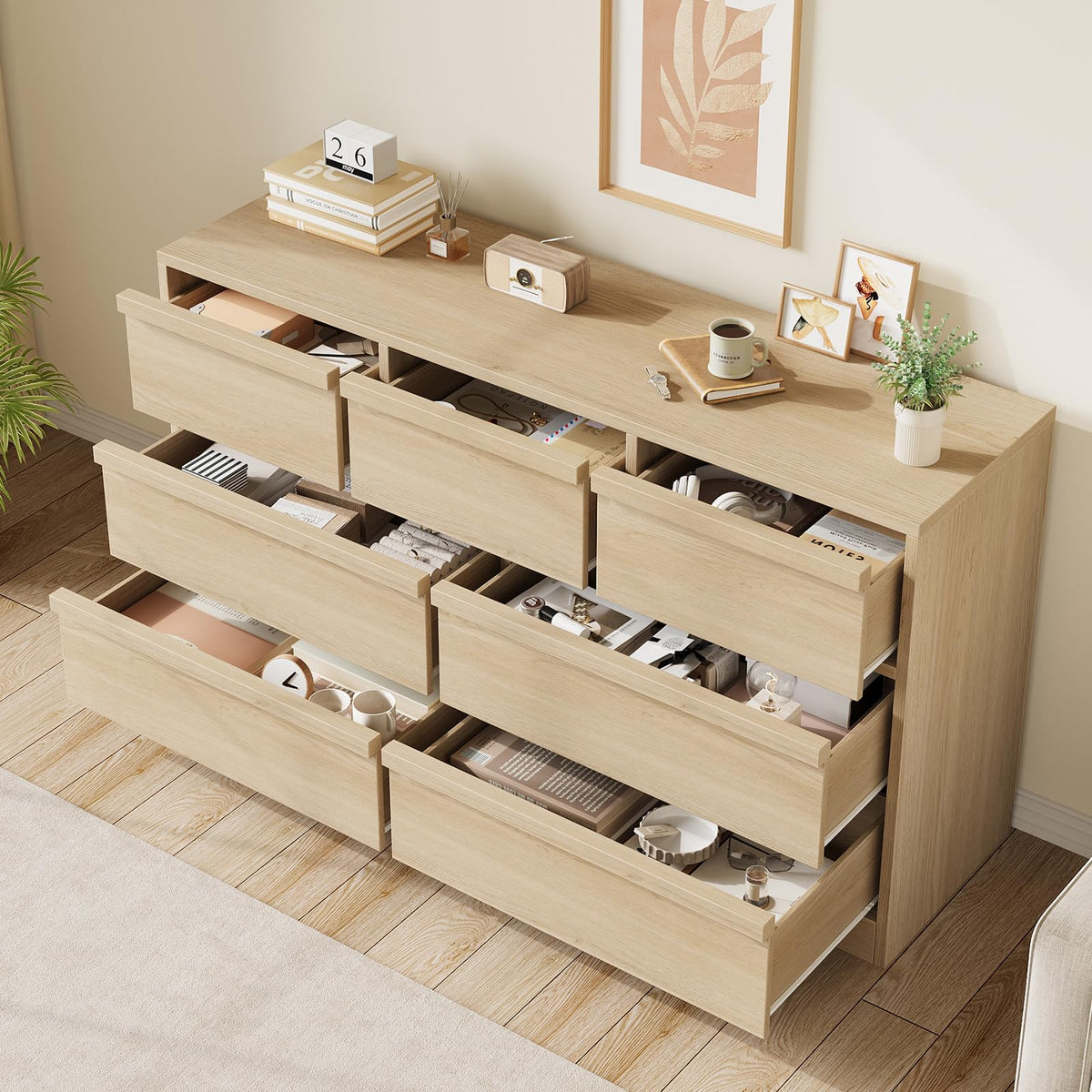 Garvee commode à 7 tiroirs, en chêne, grande capacité de rangement, anti-basculement, idéale pour la chambre et le salon, 137 × 40 × 78 cm, bois naturel