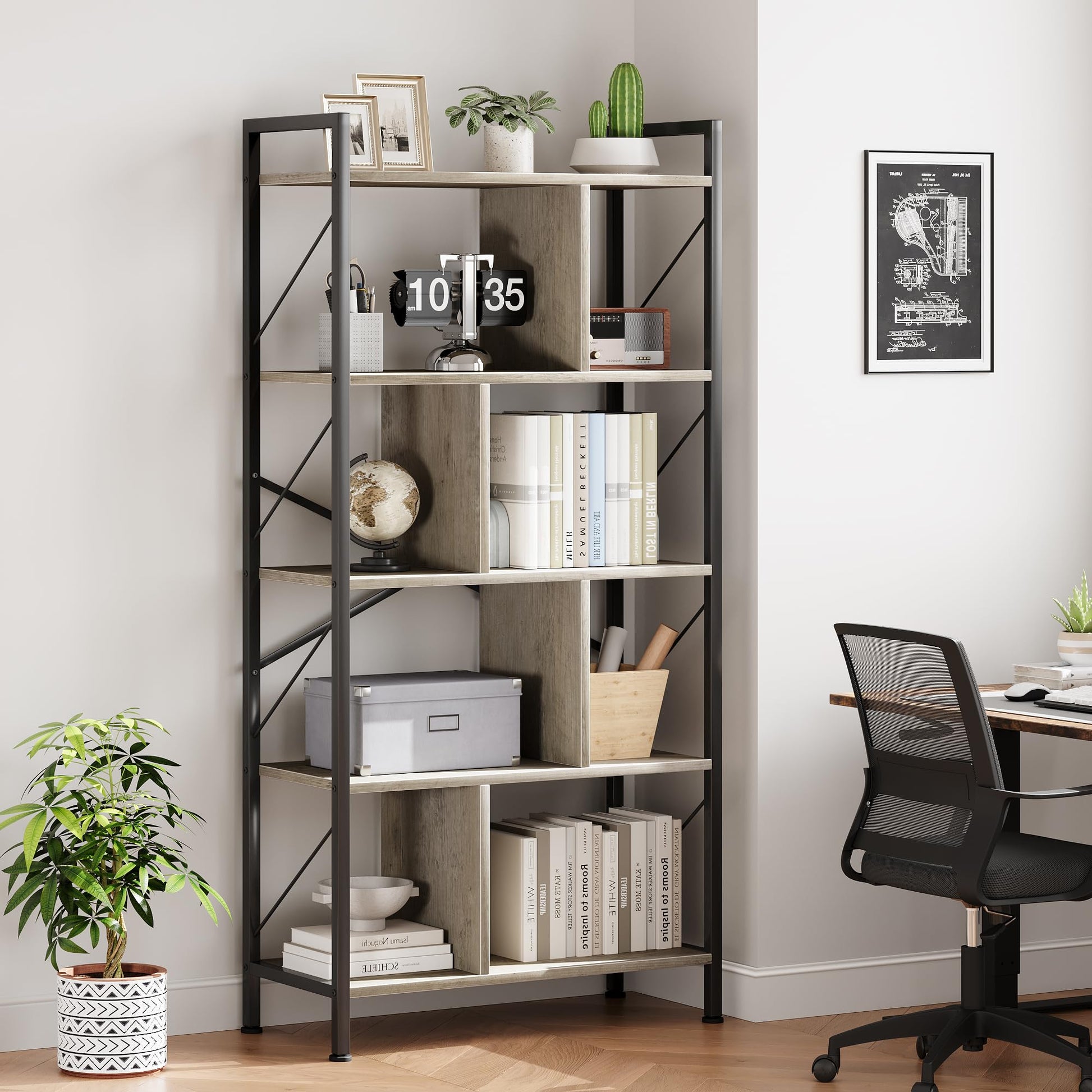 Garvee étagère industrielle haute à 5 niveaux avec rangement pour salon, bureau, chambre, en MDF et métal, robuste et anti-basculement