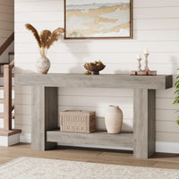 Garvee Table Console 160 cm en Bois Massif avec 2 Étagères, Style Maison de Campagne, pour Salon et Entrée, Gris