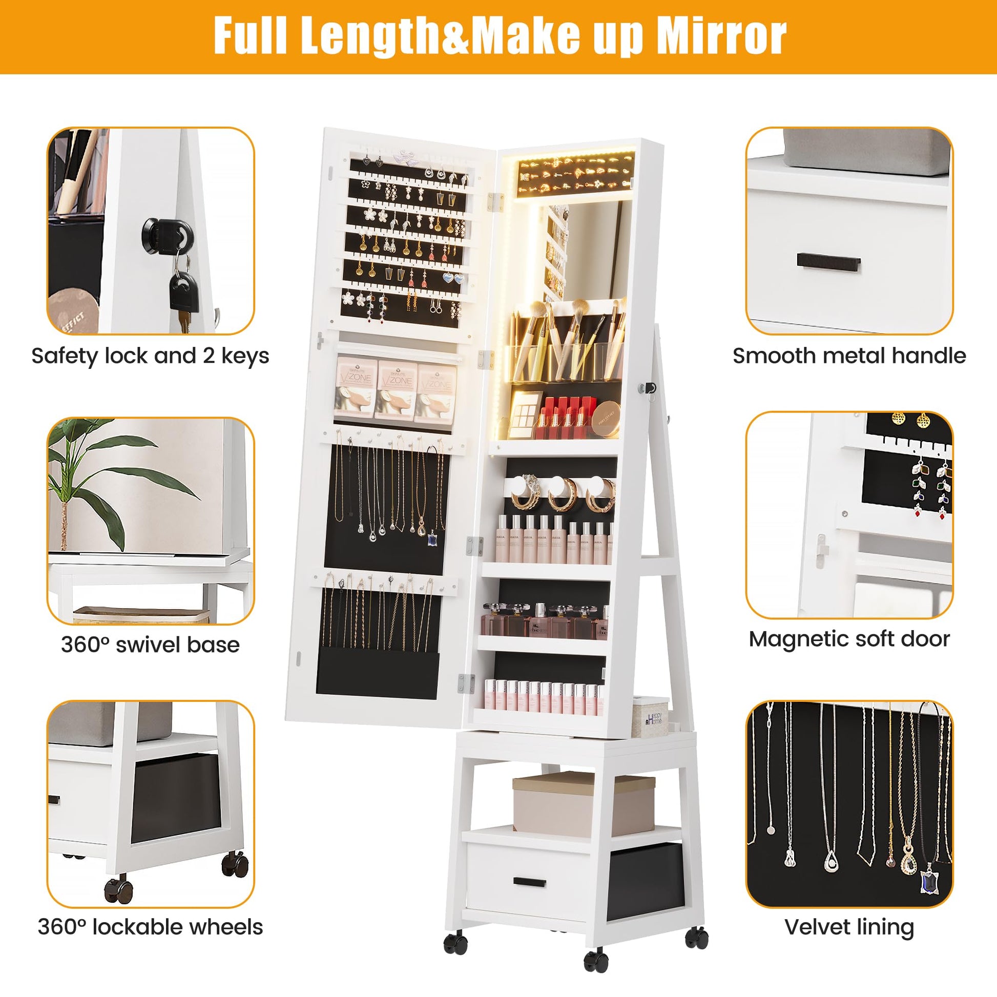 Armoire à bijoux pivotante à 360° Garvee avec éclairage LED, miroir de maquillage, miroir pleine longueur, intérieur en velours, verrouillable, sur roulettes, blanche - Idéale pour les chambres