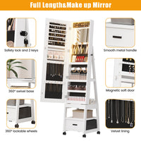 Armoire à bijoux pivotante à 360° Garvee avec éclairage LED, miroir de maquillage, miroir pleine longueur, intérieur en velours, verrouillable, sur roulettes, blanche - Idéale pour les chambres
