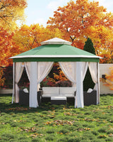 Garvee Tonnelle pop-up hexagonale 4 × 4 m, moustiquaires, toile résistante aux UV et structure acier beige pour jardin et terrasse - Vert & beige
