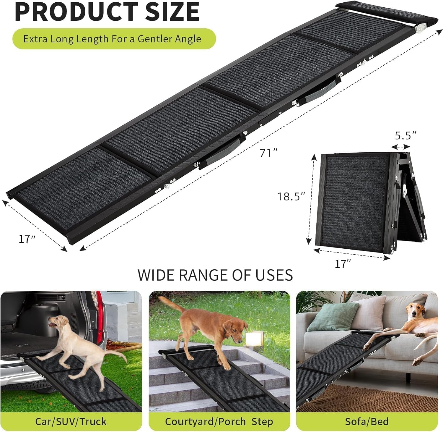Garvee Rampe pliable pour chien en aluminium 180 x 43 cm, antidérapante, supporte jusqu’à 120 kg, idéale voiture, canapé, lit et chiens âgés.