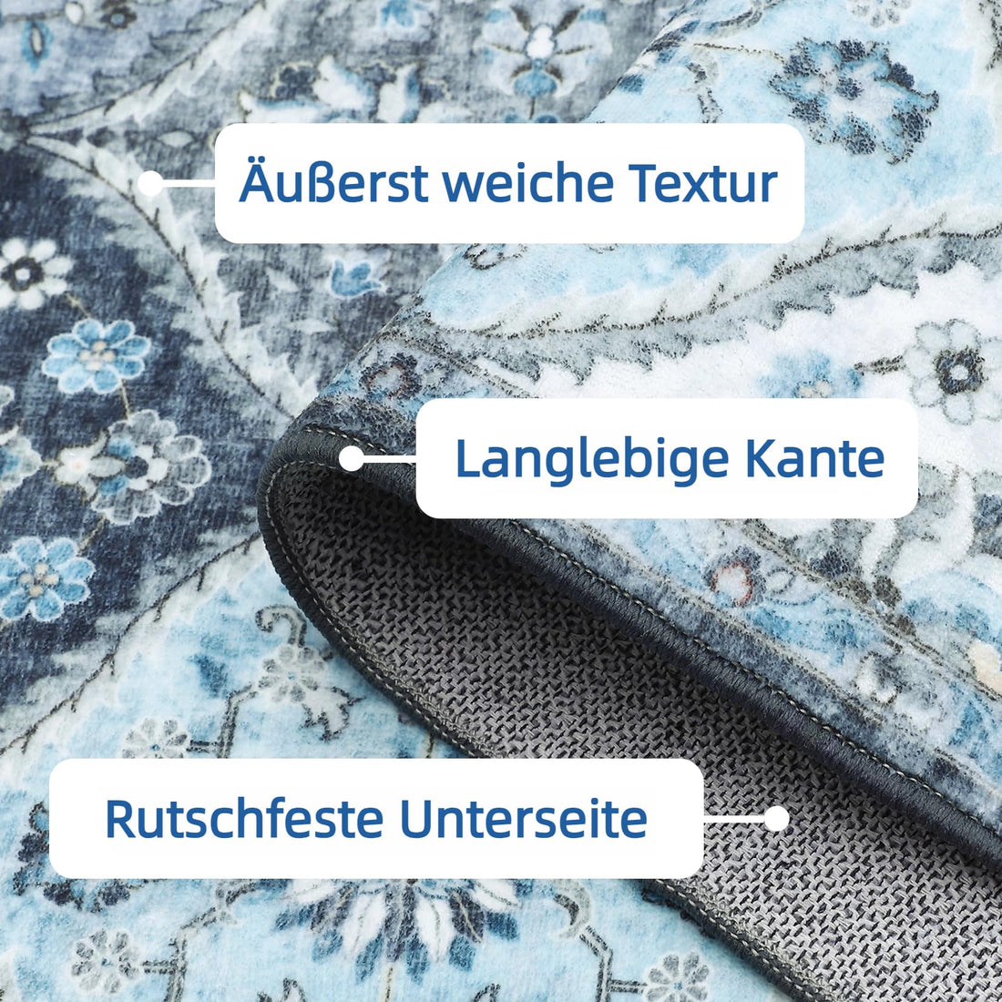 Tapis de salon lavable Garvee 200 x 290 cm, style vintage, gris et bleu, antidérapant