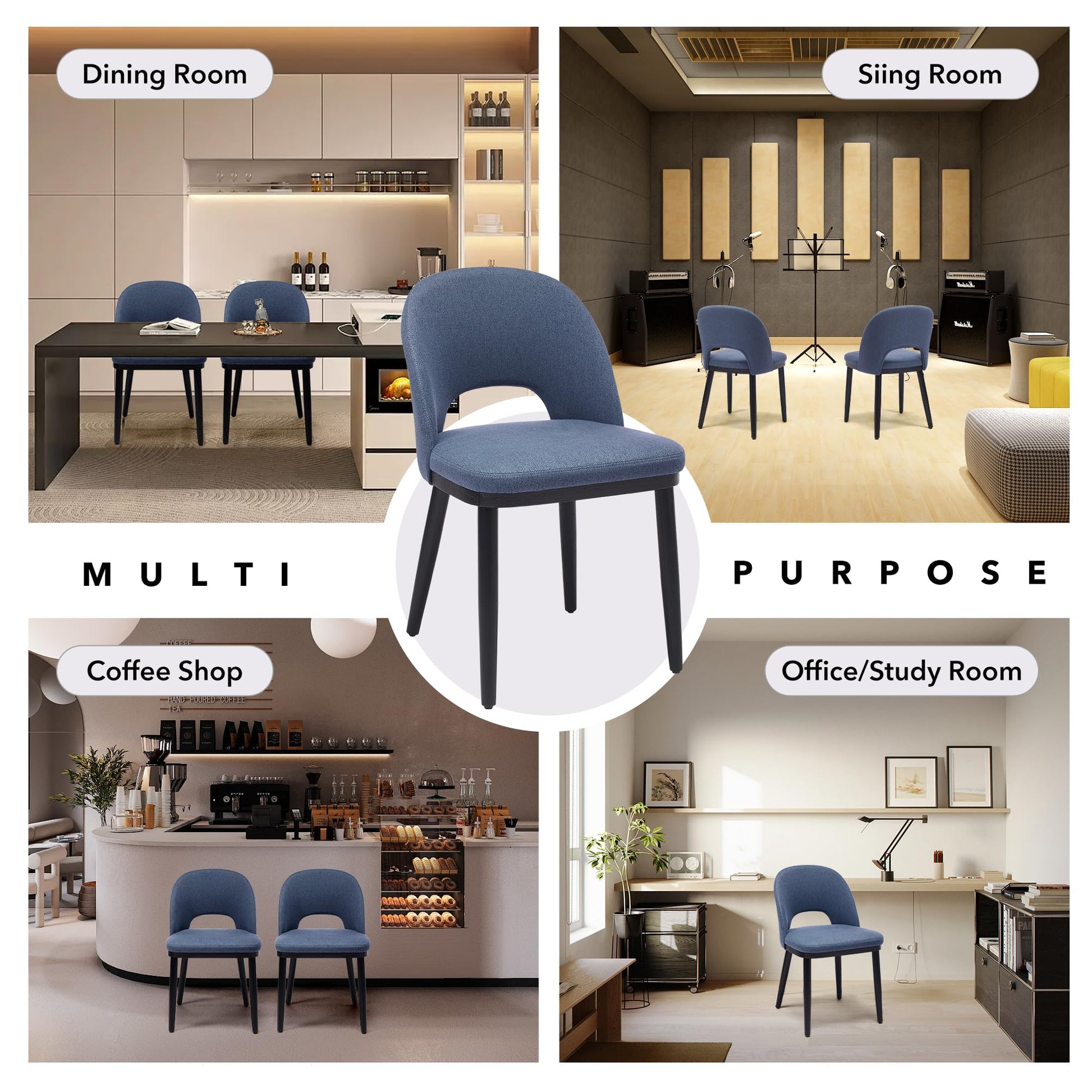 Ensemble de 2 chaises de salle à manger rembourrées Garvee - Tissu moderne, dossier haut, assise profonde - Structure en bois, bleu, style café-cuisine