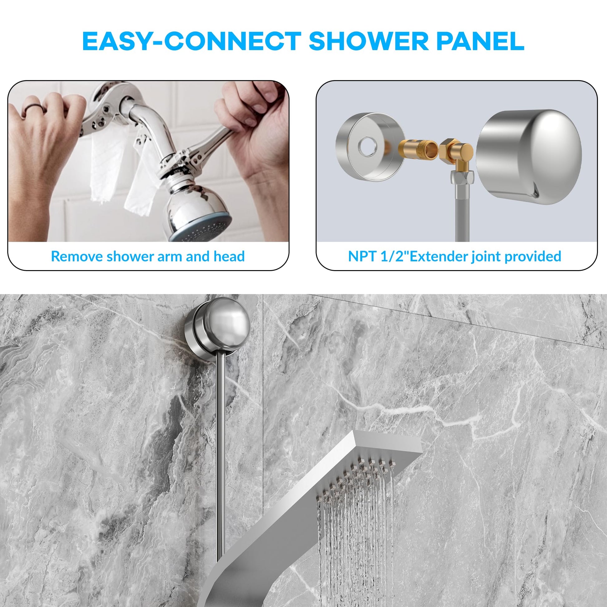 Colonne de douche Garvee avec jets pluie et cascade, 2 jets de massage, douchette 3 fonctions, acier inoxydable, nickel brossé, fixation murale, salle de bain moderne