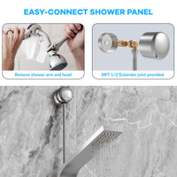 Colonne de douche Garvee avec jets pluie et cascade, 2 jets de massage, douchette 3 fonctions, acier inoxydable, nickel brossé, fixation murale, salle de bain moderne