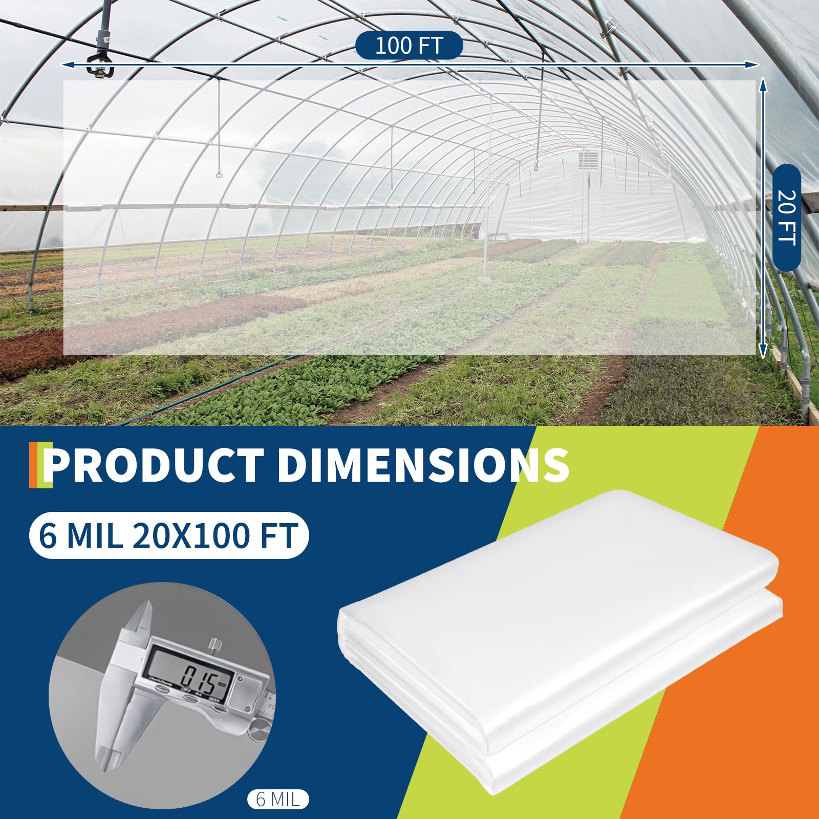Film de serre Garvee 19,6 x 100 pi, LDPE 6 mil, résistant aux UV, haute transparence, indéchirable, flexible, pour jardinage et agriculture, transparent
