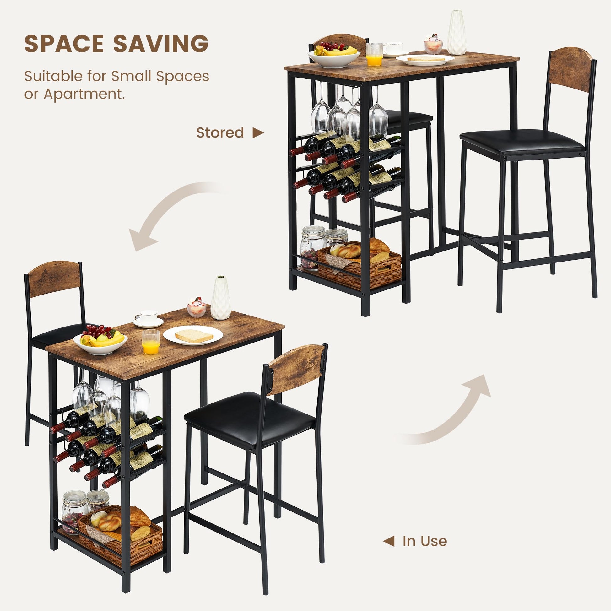 Ensemble table de bar Garvee pour 2 personnes avec repose-pieds, chaises rembourrées, bois et métal robustes, brun rustique, pour cuisines et bars