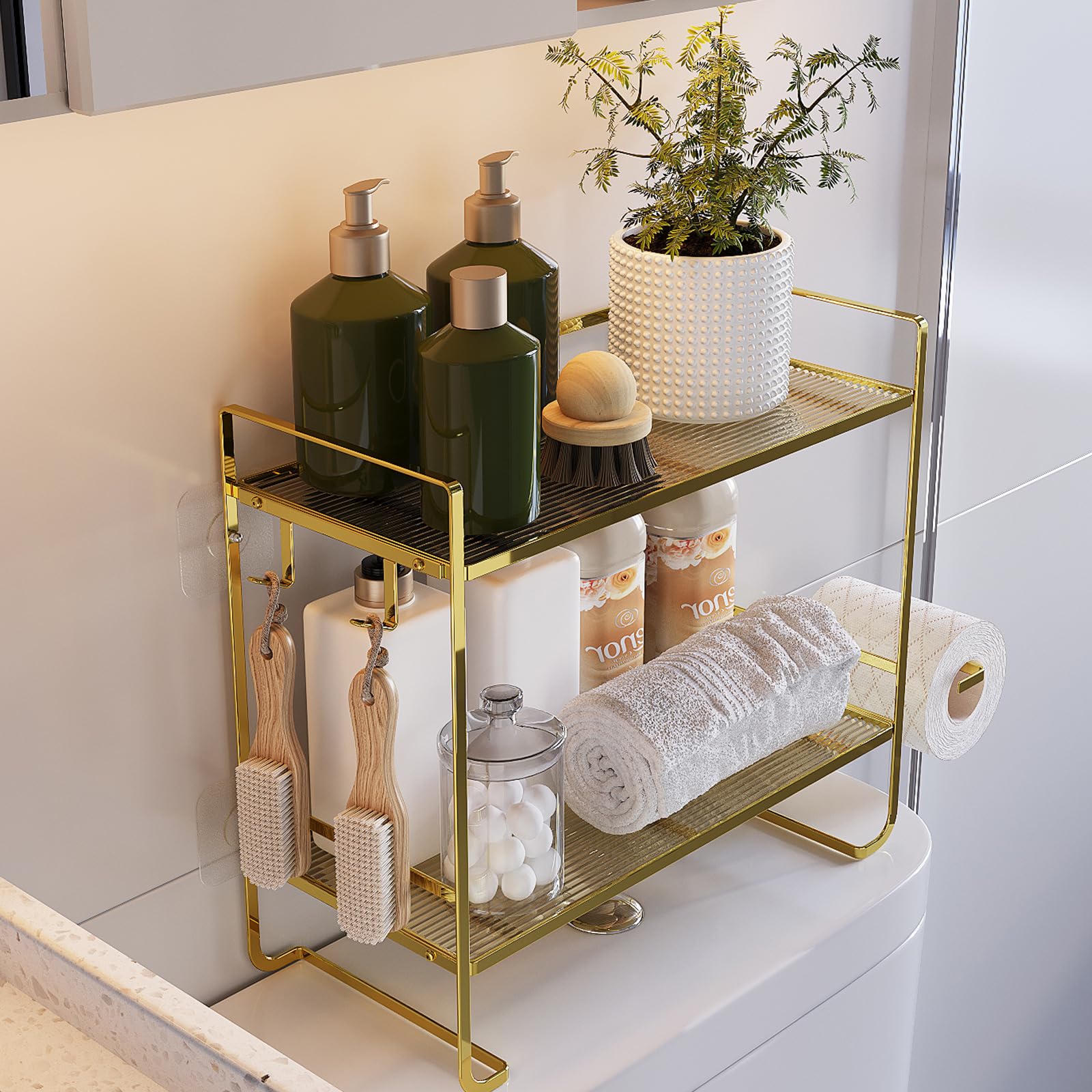 GARVEE Meuble de rangement pour toilettes avec 2 niveaux en métal, sans perçage, porte-rouleau de papier toilette pour salle de bain et douche