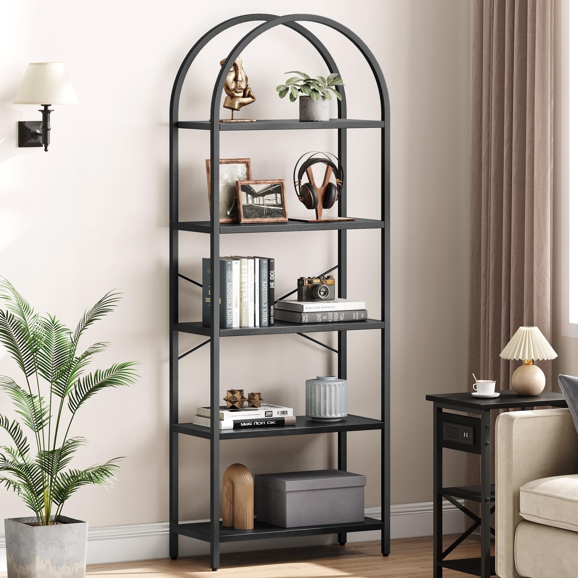 Garvee Étagère à 5 niveaux avec structure en métal, grande étagère ouverte, étagères arquées, noire pour salon et bureau