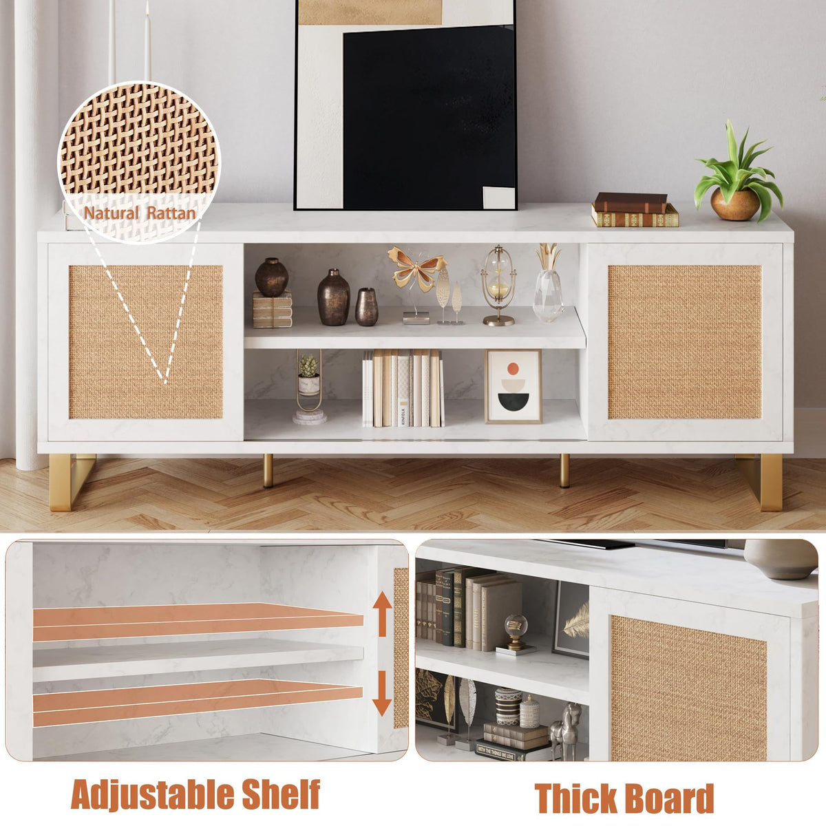 Garvee Meuble TV en rotin blanc moderne 168 cm avec rangement, portes en rotin, pieds dorés pour salon et chambre