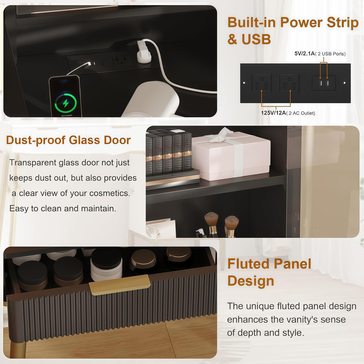 Garvee Coiffeuse cannelée avec miroir et éclairage LED, 5 tiroirs, station de chargement USB, noir et or, chambre, 114 cm (114 cm)
