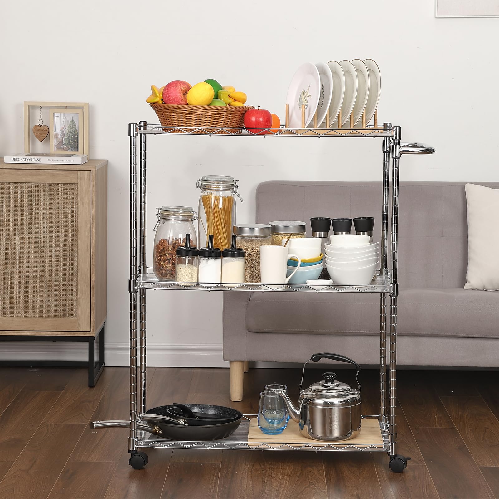 Chariot multifonctionnel Garvee à 3 niveaux avec roulettes, étagères réglables, structure en métal tressé, antirouille, pour cuisine et usage professionnel, 75 x 35 x 90 cm, chromé
