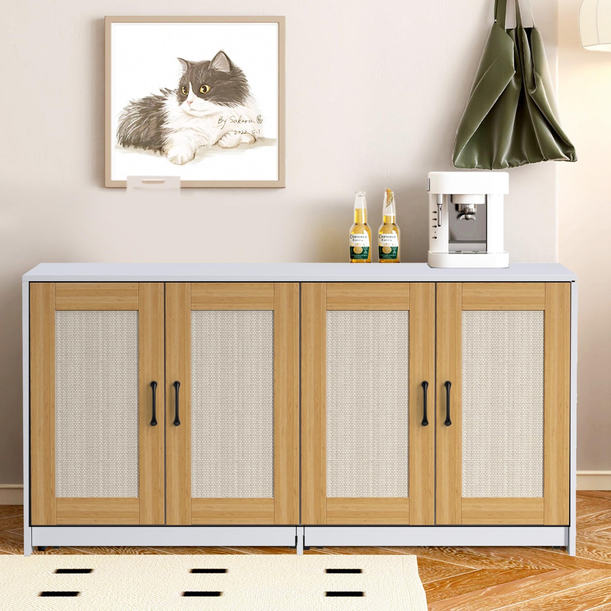 Enclos double pour litière Garvee avec portes en sisal pour 2 chats, 120 cm, blanc, meuble TV pour chat d'intérieur