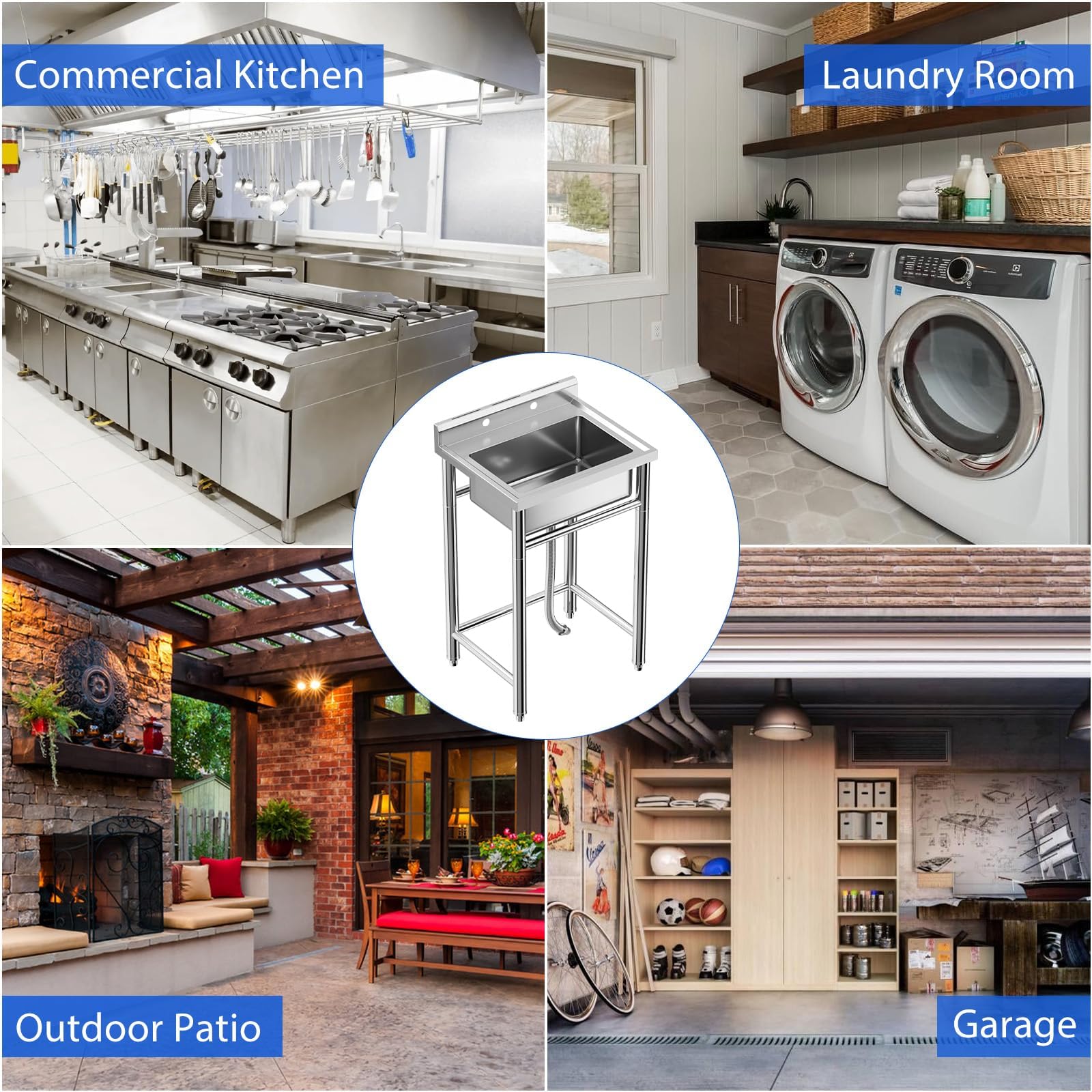 Garvee Évier sur Pied Inox 53 × 53 × 84 cm, Bac Unique avec Vidange Rapide, Design Sécurisé, pour Cuisine, Garage et Usage Pro