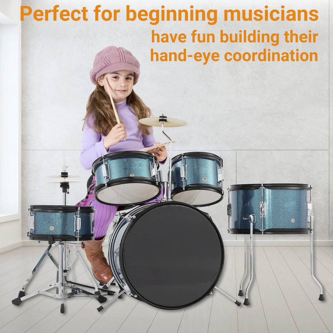 Garvee Batterie enfant 5 pièces, kit avec grosse caisse et charleston, hauteur 74cm, finition bleue, pour jeunes musiciens