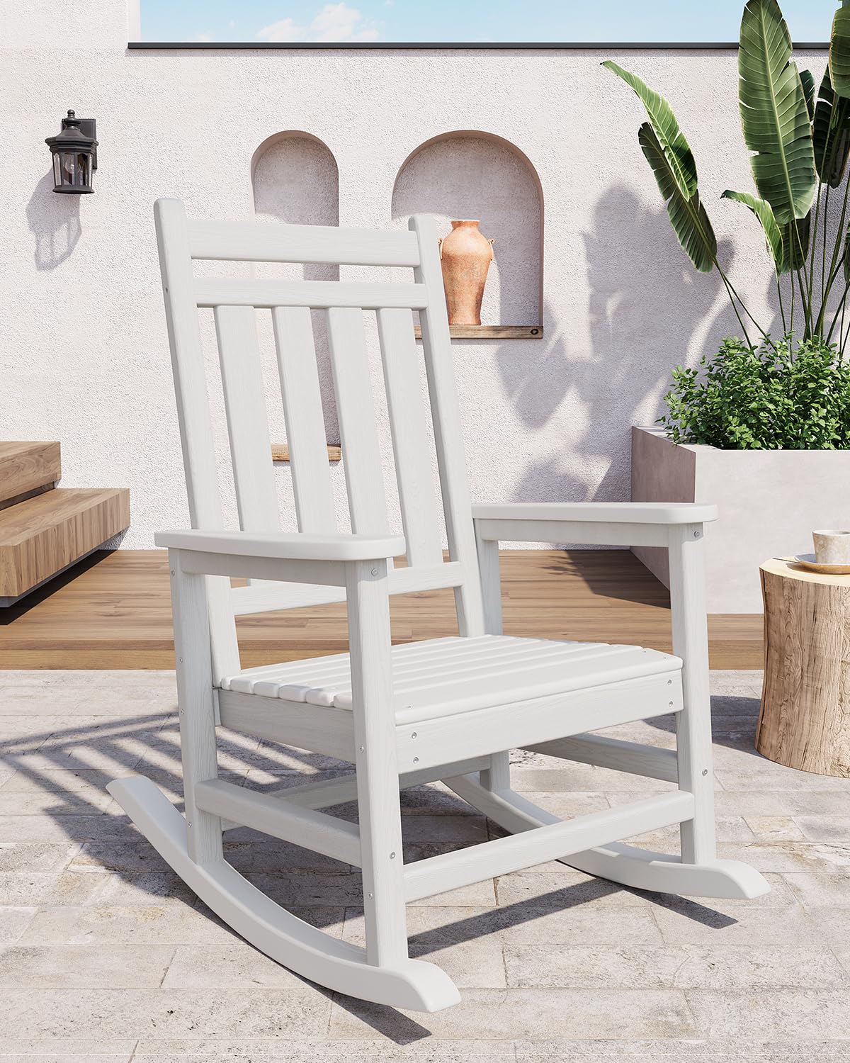 Garvee Fauteuil Adirondack à bascule en PEHD effet bois, dossier haut, résistant aux intempéries, charge 172 kg, blanc, jardin et terrasse