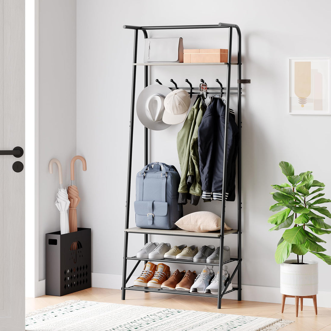 Banc d'entrée multifonctionnel Garvee 4 en 1 – Avec 5 crochets, un porte-chaussures et une structure métallique aspect bois pour l'entrée et le salon
