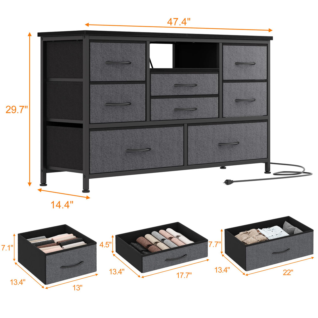 Garvee Meuble TV à 8 tiroirs en tissu avec prises LED pour chambre ou salon, compatible TV 140 cm, MDF beige