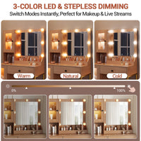 Coiffeuse Garvee avec miroir et éclairage, MDF robuste, éclairage à intensité variable, ports USB, chambre, blanche