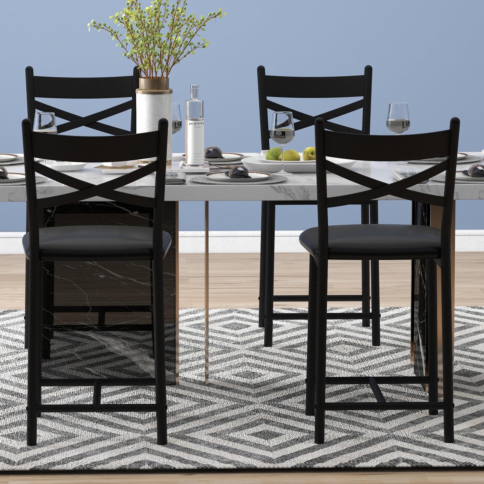 Ensemble de 4 tabourets de bar Garvee, 57 cm (22,4 pouces), dossier en forme de X, rembourrage épais, structure en métal, revêtement en cuir PU, marron-noir rustique pour la cuisine et la salle à manger