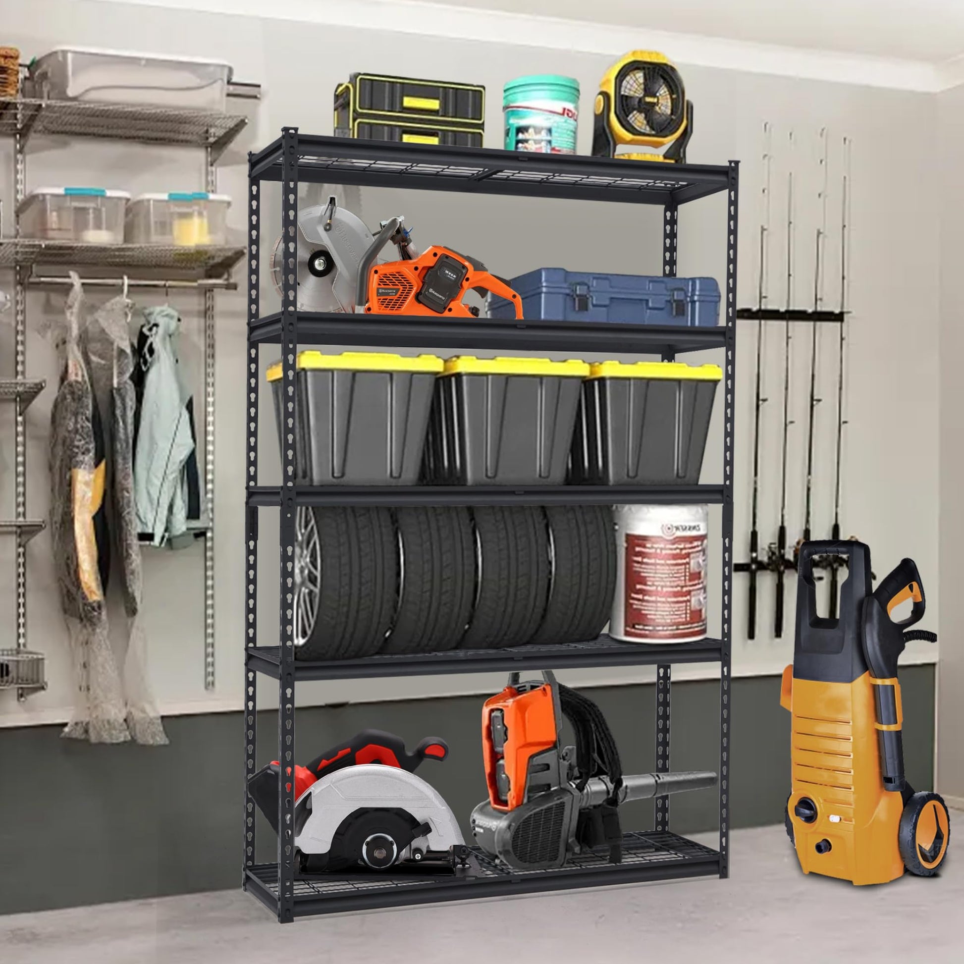 Système d'étagères de garage robustes Garvee, étagères métalliques réglables pour atelier, sous-sol et garage, 122 x 46 x 183 cm, noir