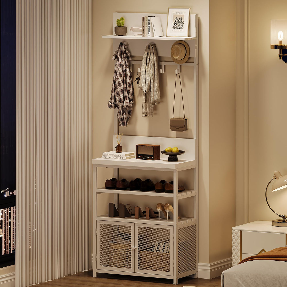 Armoire-penderie Garvee Hall Tree avec portes, blanche, 185 cm - 7 crochets et étagère à chaussures pour couloir, chambre, entrée - MDF et métal - Pieds anti-basculement et réglables