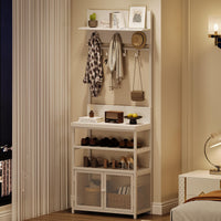 Armoire-penderie Garvee Hall Tree avec portes, blanche, 185 cm - 7 crochets et étagère à chaussures pour couloir, chambre, entrée - MDF et métal - Pieds anti-basculement et réglables
