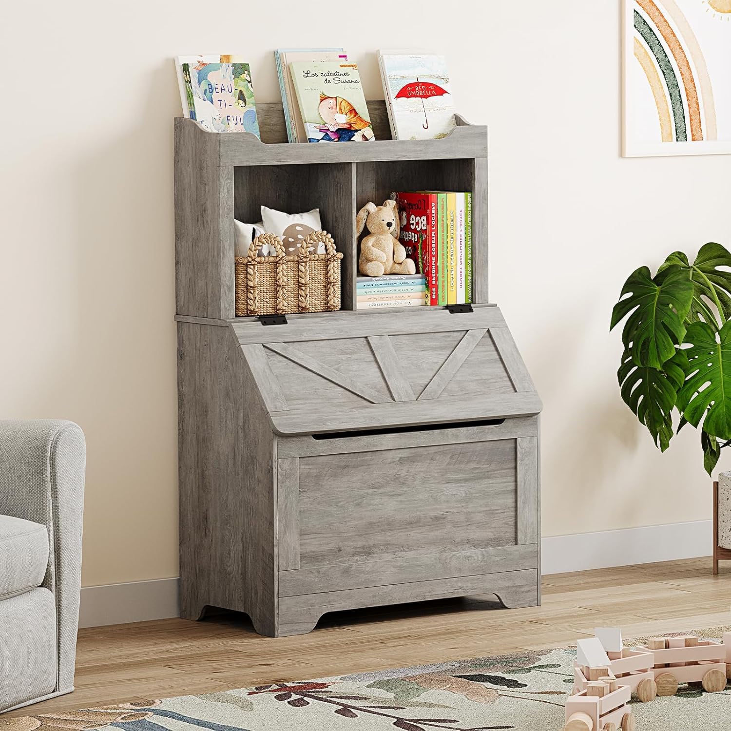 Étagère pour enfants Garvee avec couvercle à charnières, 2 niveaux, en bois, robuste et résistante aux rayures, protection anti-basculement pour salles de jeux et chambres d'enfants, grand format, bois naturel