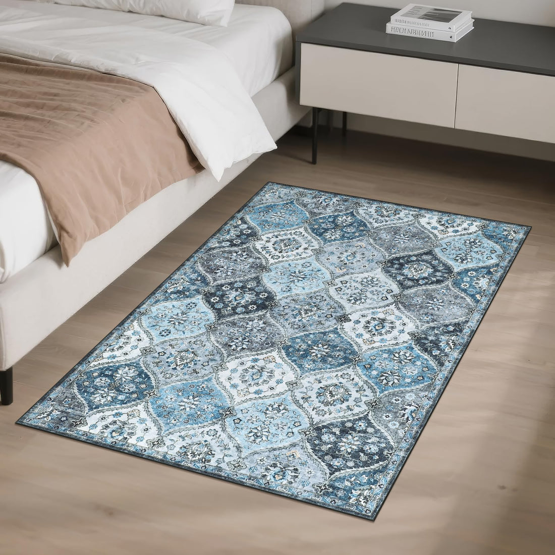 Tapis de salon lavable Garvee 200 x 290 cm, style vintage, gris et bleu, antidérapant