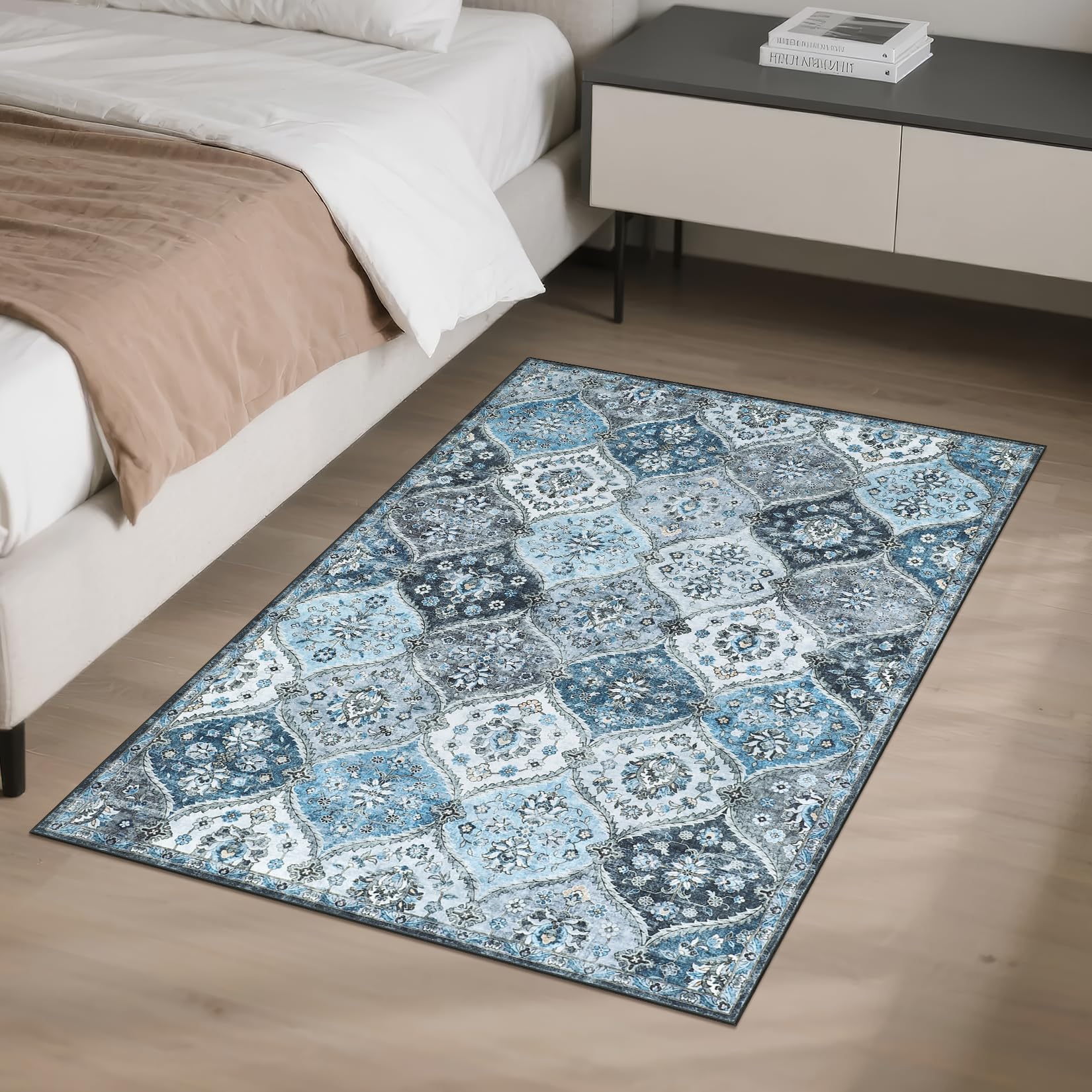 Tapis de salon lavable Garvee 200 x 290 cm, style vintage, gris et bleu, antidérapant