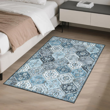 Tapis de salon lavable Garvee 200 x 290 cm, style vintage, gris et bleu, antidérapant