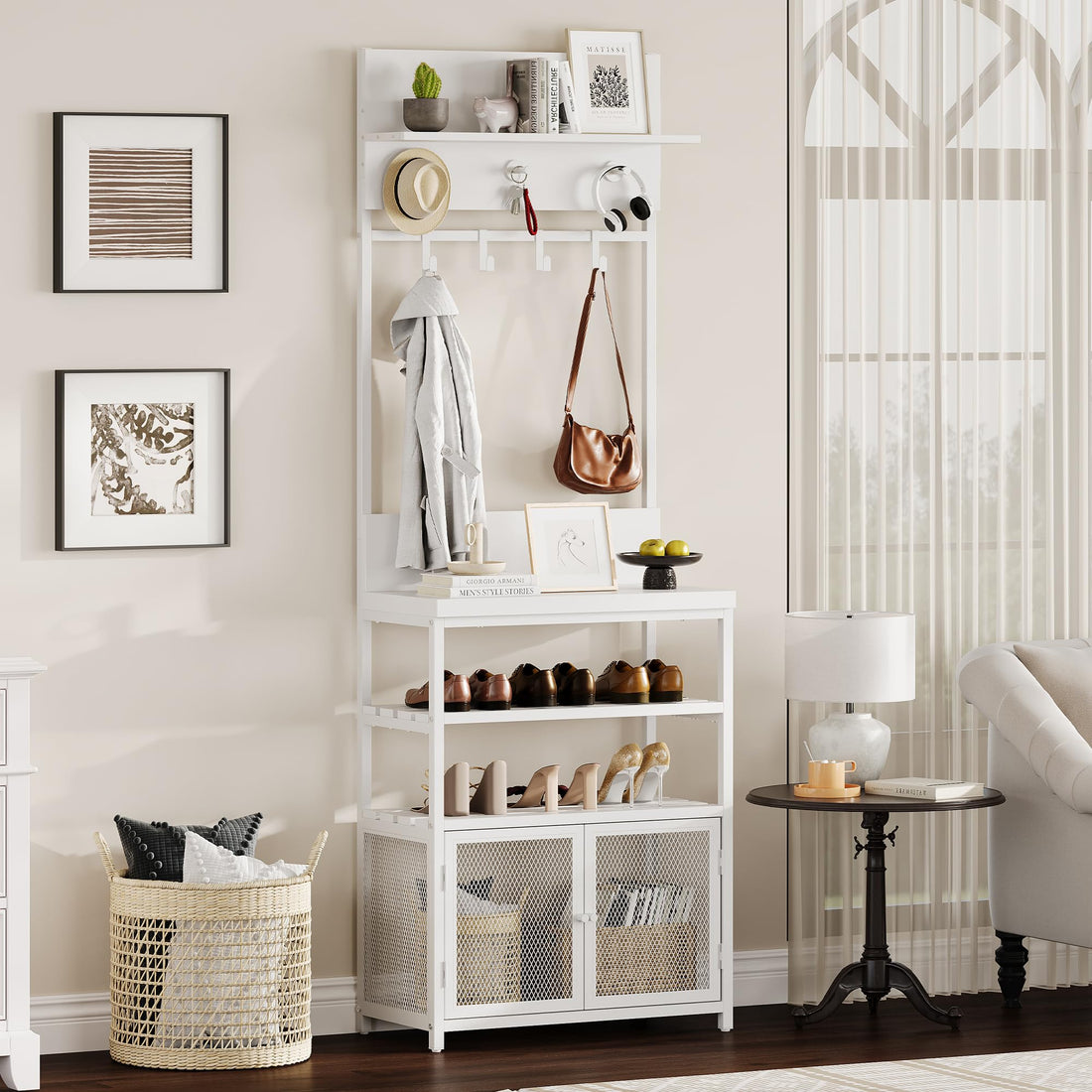 Armoire-penderie Garvee Hall Tree avec portes, blanche, 185 cm - 7 crochets et étagère à chaussures pour couloir, chambre, entrée - MDF et métal - Pieds anti-basculement et réglables