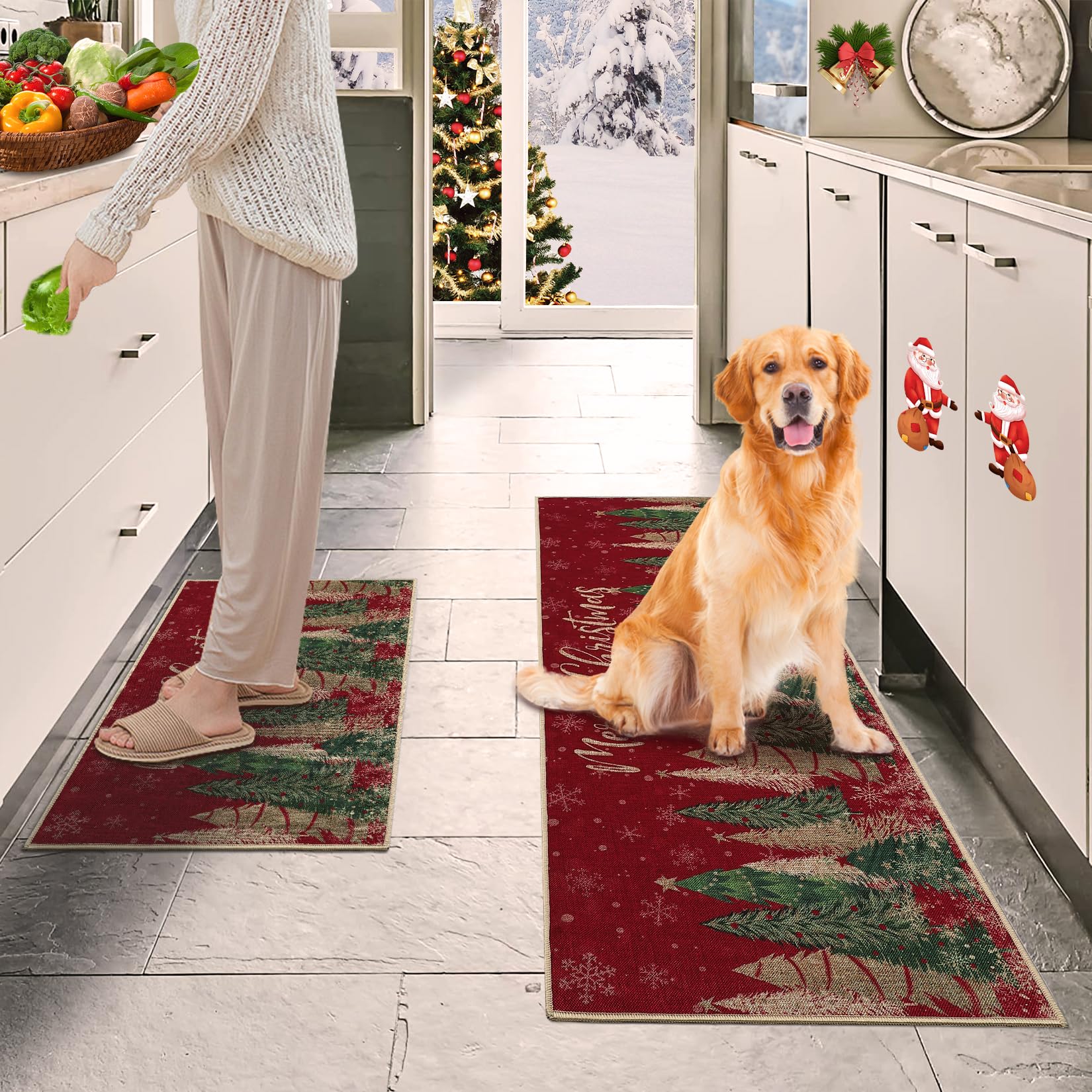 Ensemble de 2 tapis de cuisine Garvee motif sapin de Noël, antidérapants, imitation chanvre, 40 x 60 cm + 40 x 120 cm, design festif