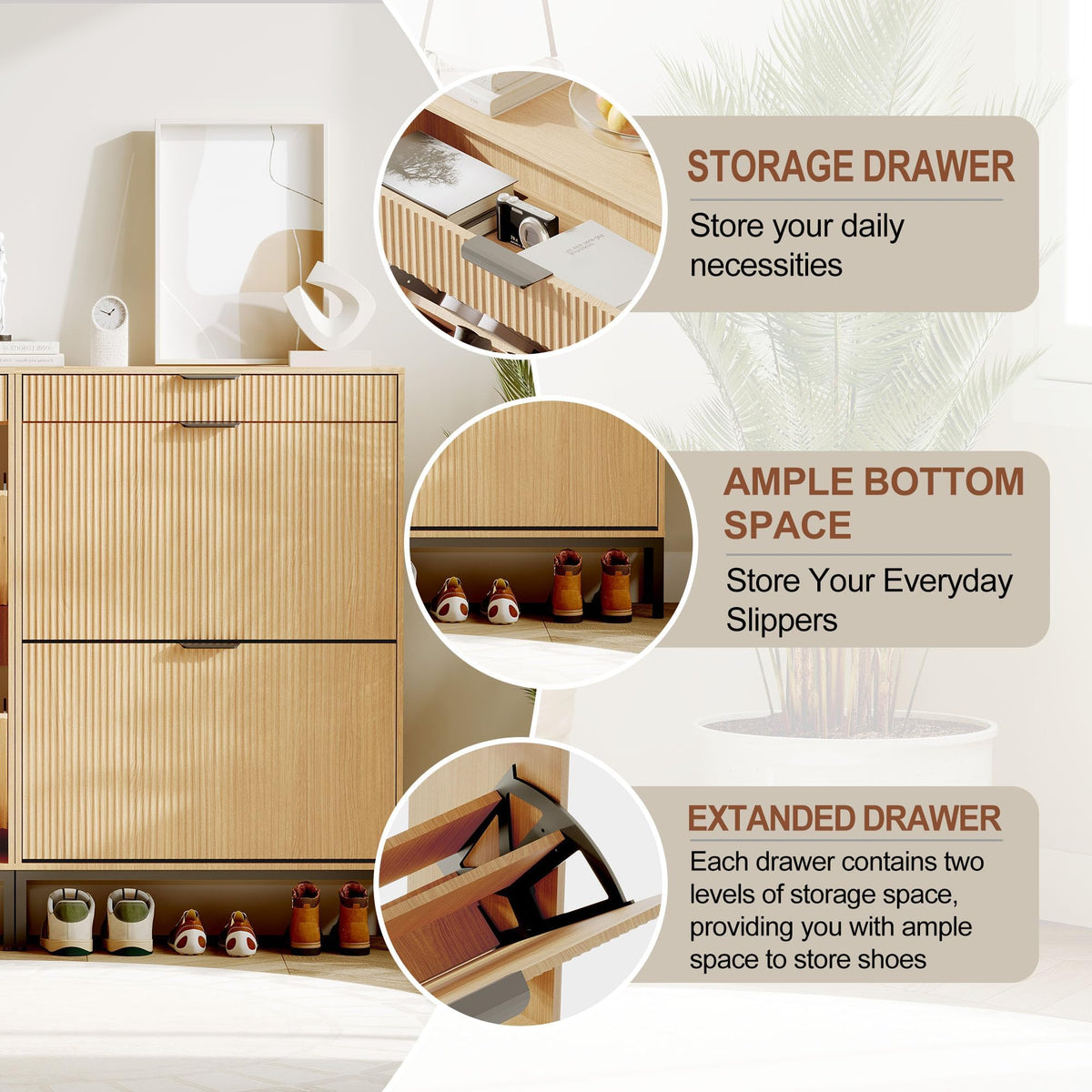 Meuble à chaussures Garvee avec 3 portes à charnières et 2 tiroirs, bois naturel - meuble de rangement pour entrée étroite