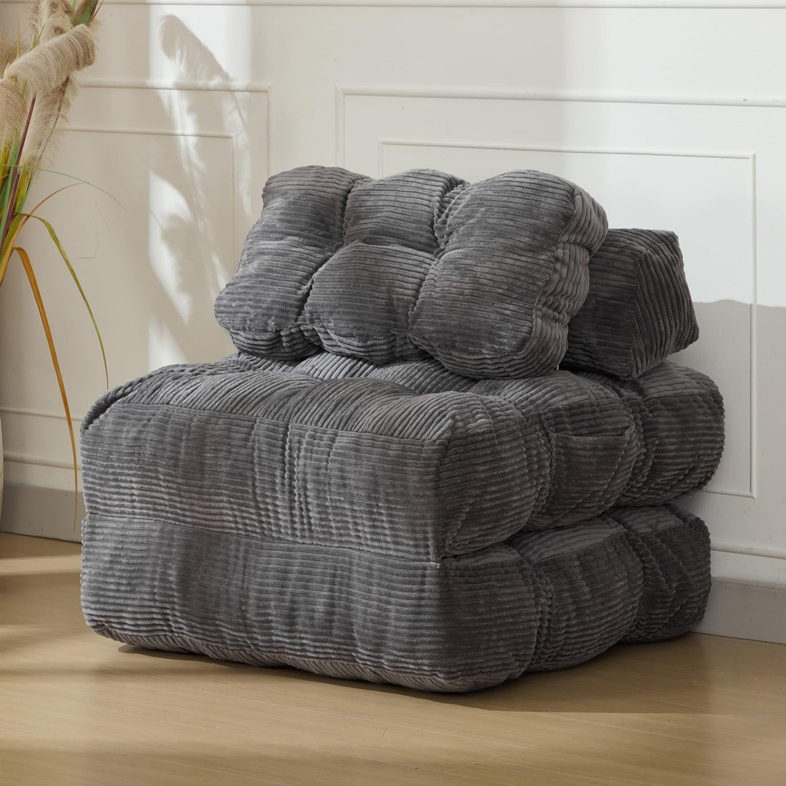 Canapé-lit pliant 3 en 1 Garvee avec coussins, soutien lombaire ergonomique, confort en mousse déchiquetée, tissu velours côtelé, gris, une place, pour salon et chambre