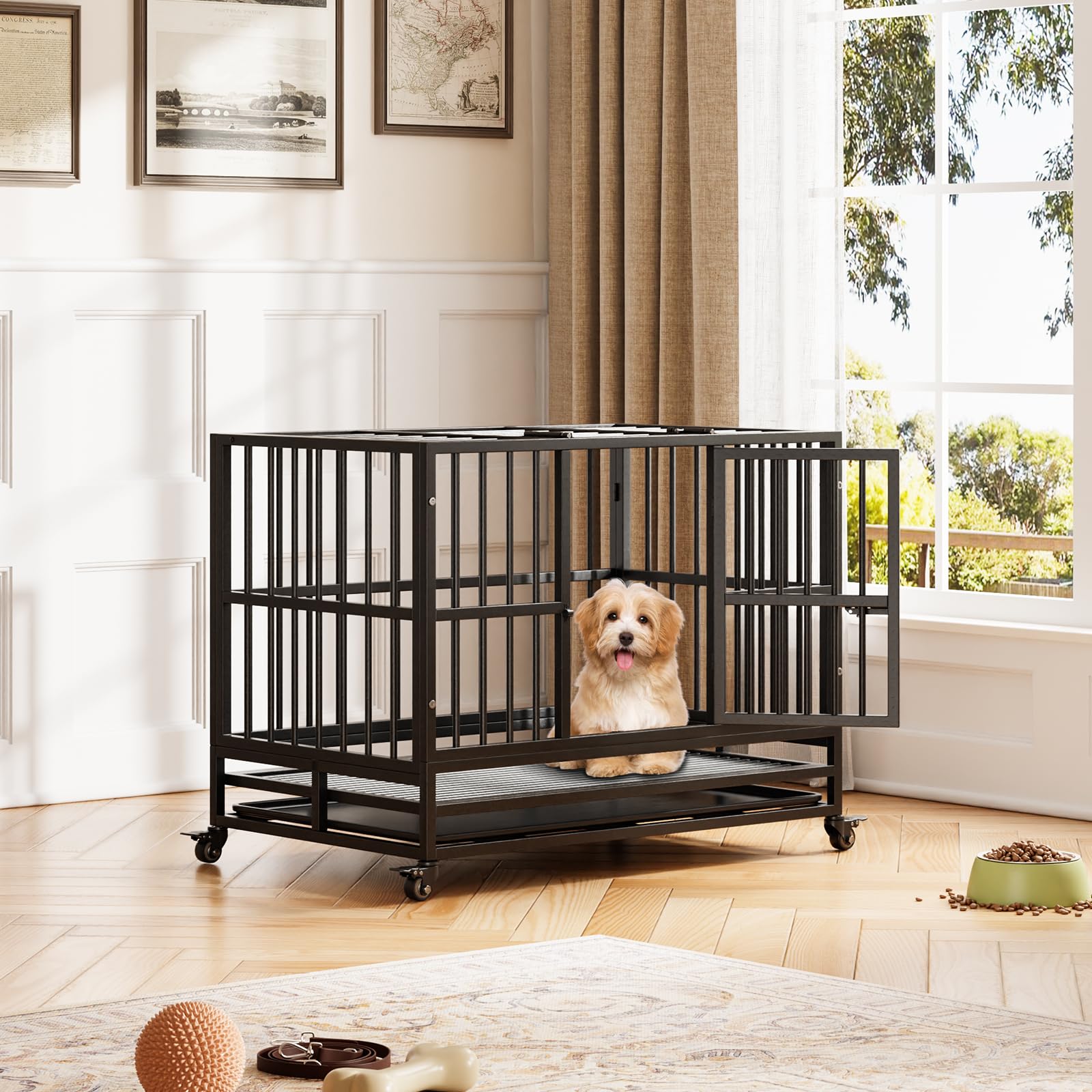 Cage de transport robuste Garvee pour chien, 94 cm (37 pouces), avec double porte, roulettes pivotantes à 360°, en métal, pliable, pour chiens de petite et grande taille, usage intérieur.