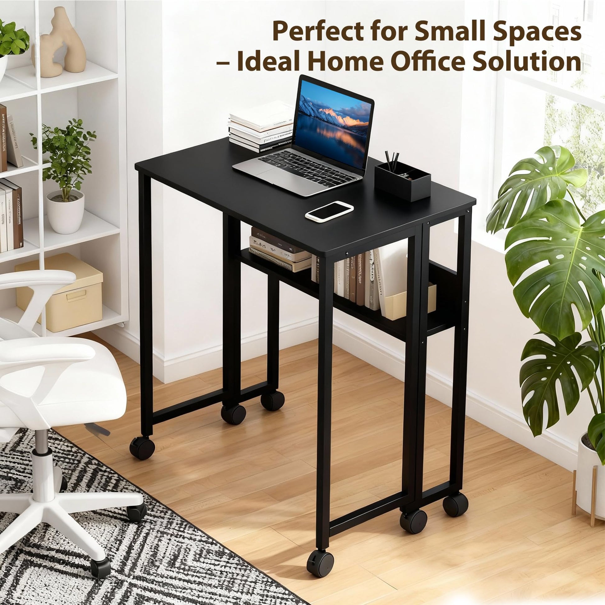 Table pliante compacte Garvee avec roulettes et étagère pour bureau à domicile et espace de travail, structure en acier de 63 cm (24,8 po), gain de place, mobile, noire