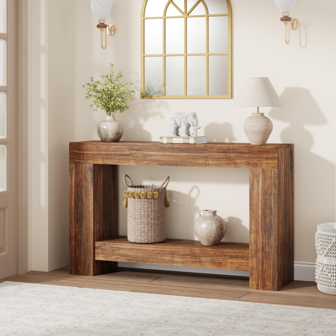 Garvee Console 119,4 cm pour entrée avec rangement à 2 niveaux, base en bois robuste, style champêtre, salon et hall d'entrée, marron