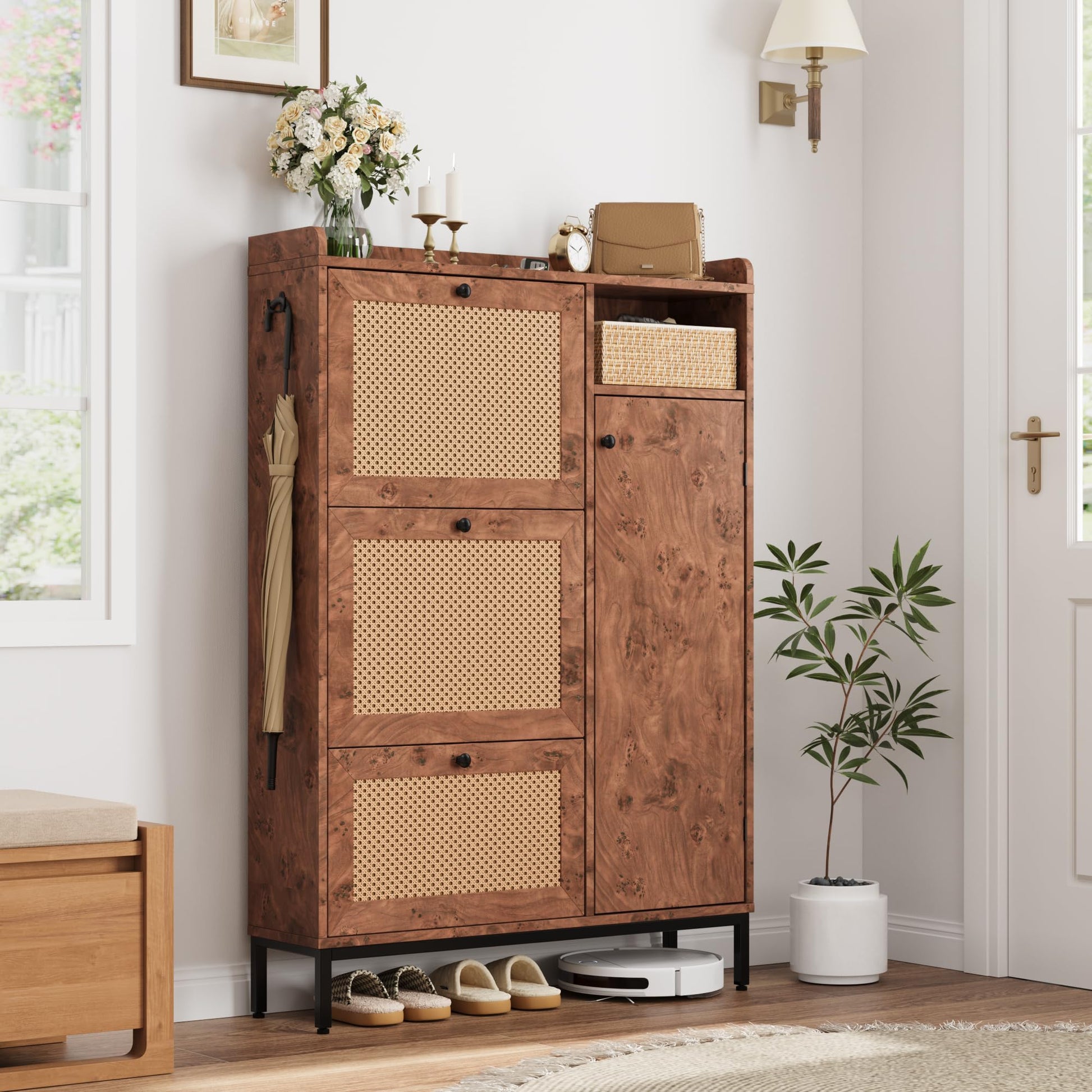 Meuble à chaussures Garvee en rotin avec 3 tiroirs pliants, étagères réglables pour entrée et couloir, pieds en métal et MDF